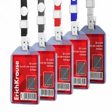 Бейдж вертикальный в комплекте с лентой ErichKrause размер вставки 54х85 мм, прозрачный, цвет ленты ассорти, 62080