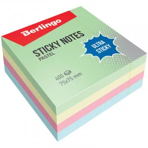 Самоклеящийся блок Berlingo "Ultra Sticky", 75*75мм, 400л, 4 пастельных цвета BERLINGO_ 270288