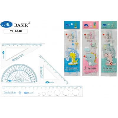 Набор линеек 4 предмета пластиковые, прозрачные 2 треугольника, транспортир, линейка с трафаретом МС-6448