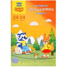 Цветная бумага мелованная А4, Мульти-Пульти, двустор., 24л., 24цв., в папке, "Приключения Енота" 298161