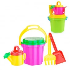 Песочный набор №128 (ведро 1,5 л, сито, совок 21 см, грабли 20см, лейка 0,4 л) 1828