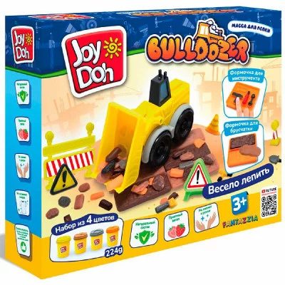 Масса для лепки Joy Doh, набор BULLDOZER - БУЛЬДОЗЕР, 9 аксессуаров, 4 баночки с тестом, BULD-224 pot