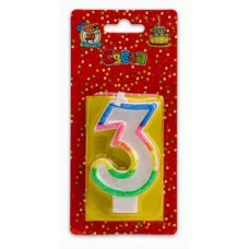 Свеча для торта с разноцветной окантовкой с блестками Цифра 3 С-2418