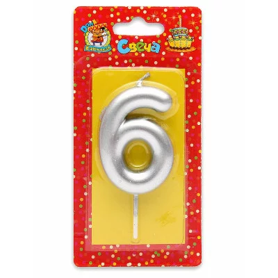 Свеча для торта Серебряная Цифра 6 С-1814