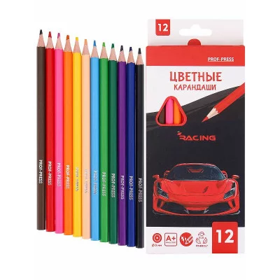 Карандаши цветн пластик 2М,набор гексаг. 12цв. КРАСНОЕ АВТО (КЦ-9303) гриф.d=3,0mm, КЦ-9303
