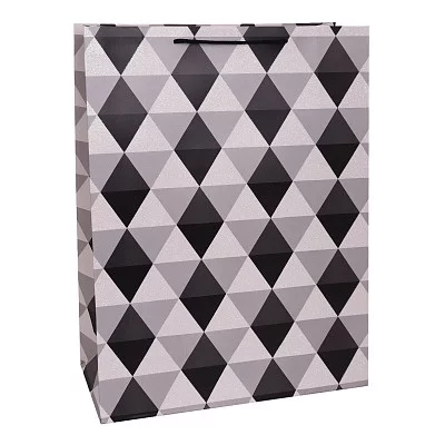 Dream cards Пакет подарочный с мат.лам. и глиттером 31х40х12см (XL) Стильные ромбы, черные, 210 г ПКП-2647