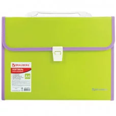 Портфель пластиковый BRAUBERG "Joy", А4 (330х245х35 мм), 13 отделений, с окантовкой, индексные ярлыки, салатовый, 227974