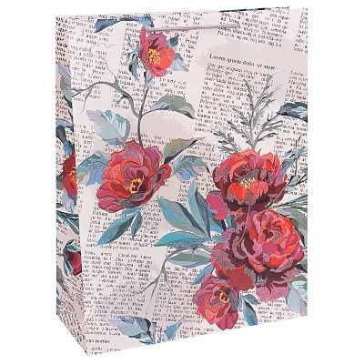 Dream cards Пакет подарочный с мат.лам. и глиттером 31х42х12см (XL) Газета красными цветами, 210 г ПКП-2611