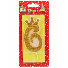 Свеча для торта Царская, золотая с глиттером Цифра 6 С-8343