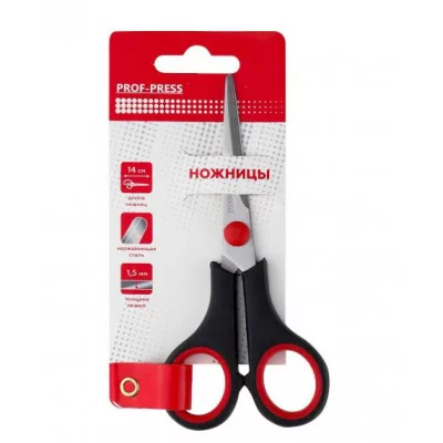 Ножницы канцелярские 14 см (НЖ-1089) двухцв. прорезин. кольца, в карт. блистере,  НЖ-1089