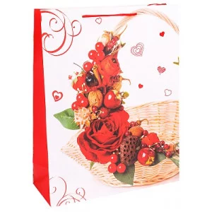 Dream cards Пакет подарочный с мат.лам. 31х40х12см (XL) Корзина красными цветами, 210 г ПКП-2626