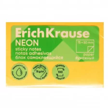 Блок самоклеящийся бумажный ErichKrause Neon, 75х50 мм, 100 листов, оранжевый 61695