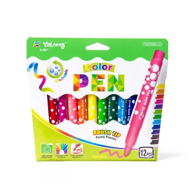 Фломастеры, 12 цв, Yalong, смываемые чернила, корпус трехгранный, пулевидный наконечник, вентилируемый колпачок, пластиковый пенал YL191816-12