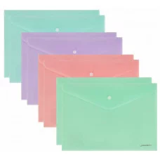 Папка-конверт с кнопкой А4, КОМПЛЕКТ 8 шт., пастельные цвета ассорти, BRAUBERG "PASTEL", 0,18 мм, 272865