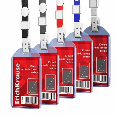 Бейдж вертикальный в комплекте с лентой ErichKrause размер вставки 54х85 мм, прозрачный, цвет ленты ассорти, 62080