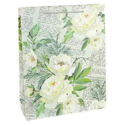 Dream cards Пакет подарочный с мат.лам. и глиттером 31х42х12см (XL) Газета белыми цветами, 210 г ПКП-2612