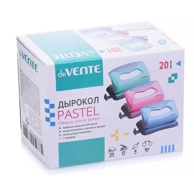 Дырокол "Pastel" (20 листов) пластиковый с каучуковой вставкой, с линейкой, в картонной коробке, 3 пастельных цвета ассорти 4020901