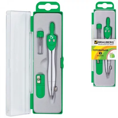 Готовальня BRAUBERG "Klasse", 3 предмета: циркуль 115 мм, грифель, точилка, пенал с подвесом, 210328