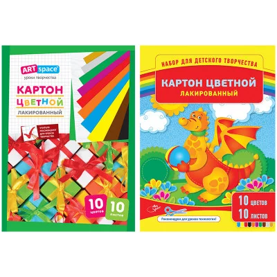 Картон цветной A4, ArtSpace, 10л., 10цв., лакированный, в папке Спейс 220684