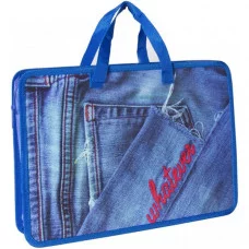 Папка с ручками 1 отделение, А4 245 мм*340 мм*70 мм, Alingar, пластик, ручки тесьма, дизайн с двух сторон, молния сверху, "Джинсовый стиль" AL7983