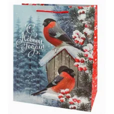 Dream cards Пакет подароч. с мат.лам. и глит. 26х32х10 см (L) Снегири 190г ППК-2339