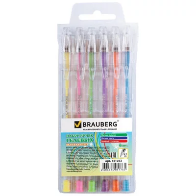 Ручки гелевые BRAUBERG, НАБОР 6шт, Jet, чернила пастельные, узел 0,7мм, линия 0,5мм, ассорти, 141033