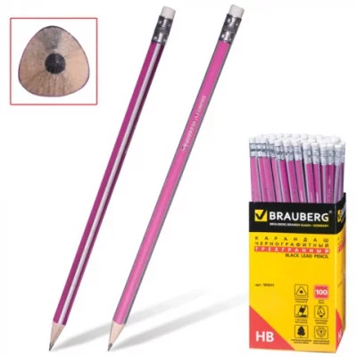 Карандаш ч/гр BRAUBERG, 1 шт., "Alderida", НВ, трехгранный, розовый и серебрист., с резинкой, 180611