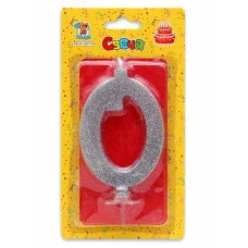 Свеча для торта Серебряный глиттер (большая) Цифра 0 С-1882