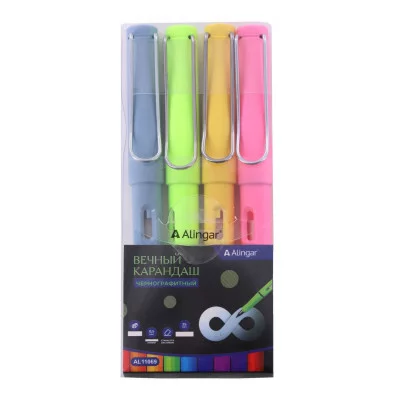Набор вечных ч/г 4шт карандашей Alingar, пластик, с ластиком, круглый, заточенный, корпус ассорти цветов "Неон", ПВХ упаковка AL11069