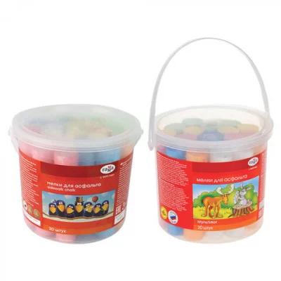 Мелки для асфальта Гамма "Мультики", цветные, 20шт., 6цв., круглые, пластиковое ведро 285033