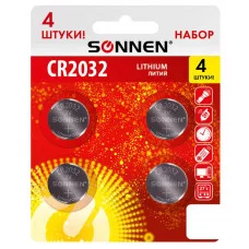 Батарейки литиевые SONNEN Lithium CR2032, "таблетки, дисковые, кнопочные", КОМПЛЕКТ 4 шт., блистер, 457142