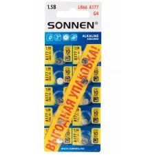 Батарейки алкалиновые "таблетка" КОМПЛЕКТ 10 шт., SONNEN Alkaline 177A (G4, LR66), в блистере, 457135