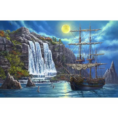 Алмаз мозаика (класс.) 30х40 см, с подр., с полн. заполн. (30цв) Корабль под Луной (Арт. НД-0540)