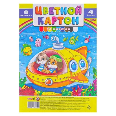 НАБОР ДЛЯ ДЕТ.ТВОРЧЕСТВА Картон цвет А4 12л. ЩЕНКИ ПОД ВОДОЙ (12-0439) КБС, 8цв+4бел TM"Profit" 12-0439