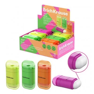 Точилка пластиковая ErichKrause JOY®, Neon, с контейнером и ластиком, ассорти 60075
