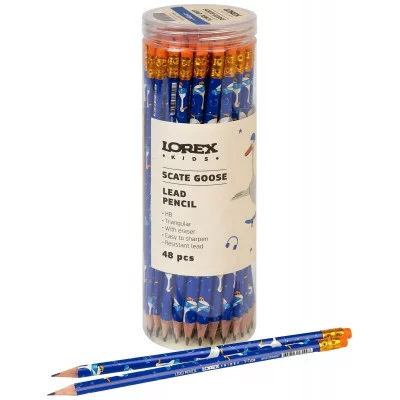 Карандаш чернографитный, корпус дерев. LOREX KIDS V-TYPE SCATE GOOSE НВ с ластиком заточенный трехгранный тубус принт на корпусе 251078