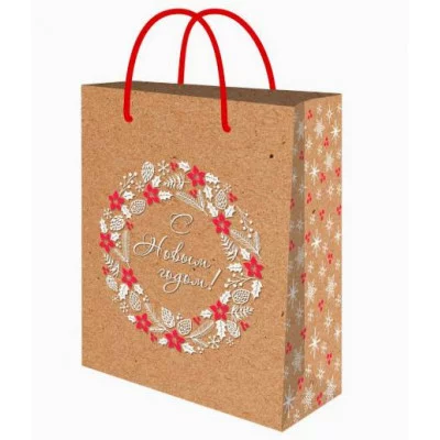 Пакет подарочный из крафт-бумаги 18х23х30 см (М) Новогодний венок 130 г ППК-2325