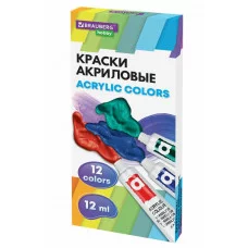 Краски акриловые художественные 12 цветов в тубах по 12 мл, BRAUBERG HOBBY, 192403