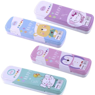 Пенал металлический 2 отделения Alingar, 55 х 190 мм, "Happy", ассорти AL8629