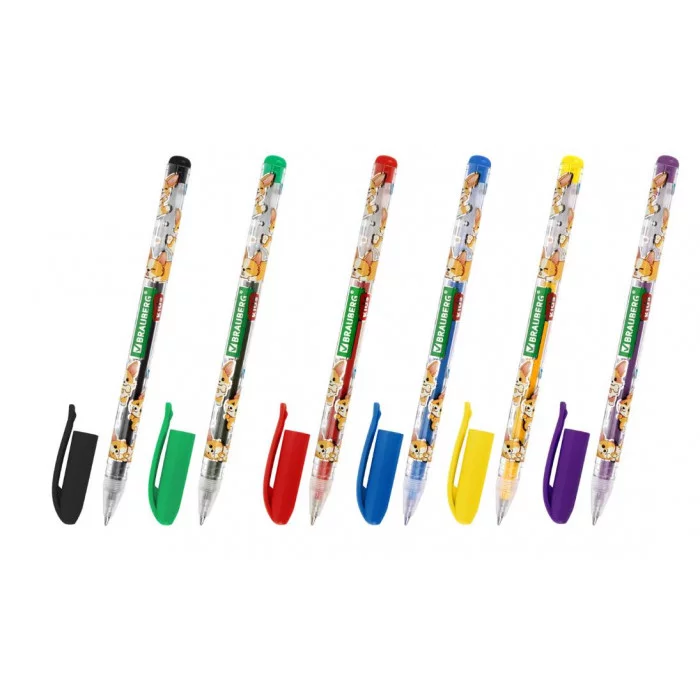 Ручки гелевые КЛАССИЧЕСКИЕ BRAUBERG KIDS "CUTE ANIMALS", НАБОР 6 ЦВЕТОВ, корпус с печатью, узел 1 мм, линия письма 0,7 мм, 144441