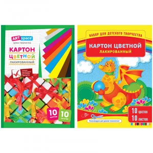 Картон цветной A4, ArtSpace, 10л., 10цв., лакированный, в папке Спейс 220684
