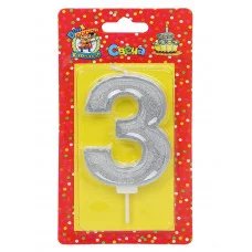Свеча для торта Серебряный глиттер с окантовкой Цифра 3 С-5967