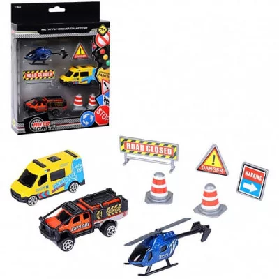 AUTODRIVE Набор металлических машинок, Городская техника 3шт с дорожными знаками (внедорожник, вертолет, фургон) в/к 23*17,5*4см. JB0403983