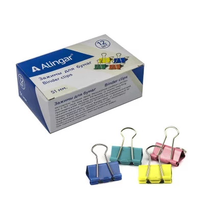 Зажимы для бумаг 51 мм, Alingar, цветные, уп. 12 шт AL6781