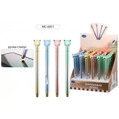 Шариковая ручка с поворотным механизмом+стилус: цветной-металлик корпус /ассорти/, наконечник-МИШКА; МС-6971
