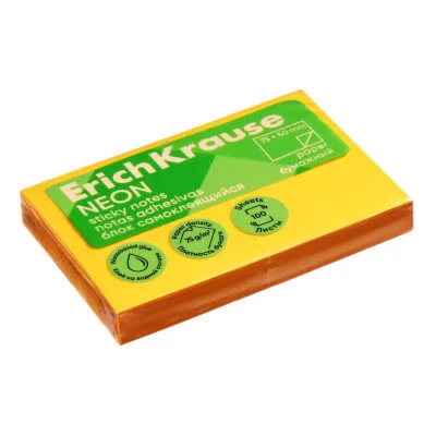 Блок самоклеящийся бумажный ErichKrause Neon, 75х50 мм, 100 листов, оранжевый 61695