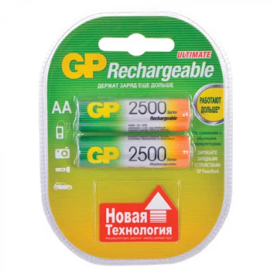 Батарейки аккумуляторные КОМПЛЕКТ 2 шт., GP, АА (HR6) , Ni-Mh, 2500 mAh, блистер, 250AAHC-2DECRC2 454109