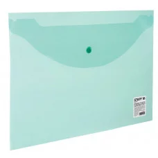 Папка-конверт с кнопкой STAFF, А4, до 100 листов, прозрачная, зеленая, 0,12 мм, 225171