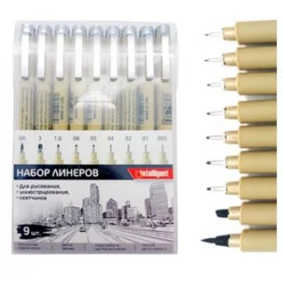 Линеры 9 шт. INTELLIGENT DD-20 черные (0.05,0.1,0.2,0.4,0.5,0.8,1.0,3,кисть) с клипом, серый корпус, в уп ПВХ 330031