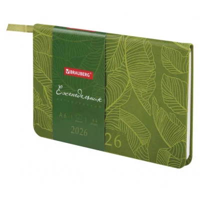 Еженедельник датированный 2026 МАЛЫЙ ФОРМАТ 95х155 мм, А6, BRAUBERG "Foliage", под кожу, зеленый, 117198